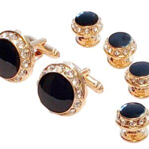 Jet Black Center/ Crystal Edge Cufflinks and Studs Gold Trim